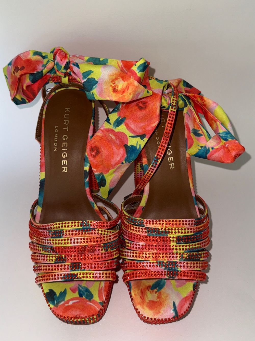 Kurt Geiger Floral Tie-Strap Heeled Sandals in Coral & Yellow
